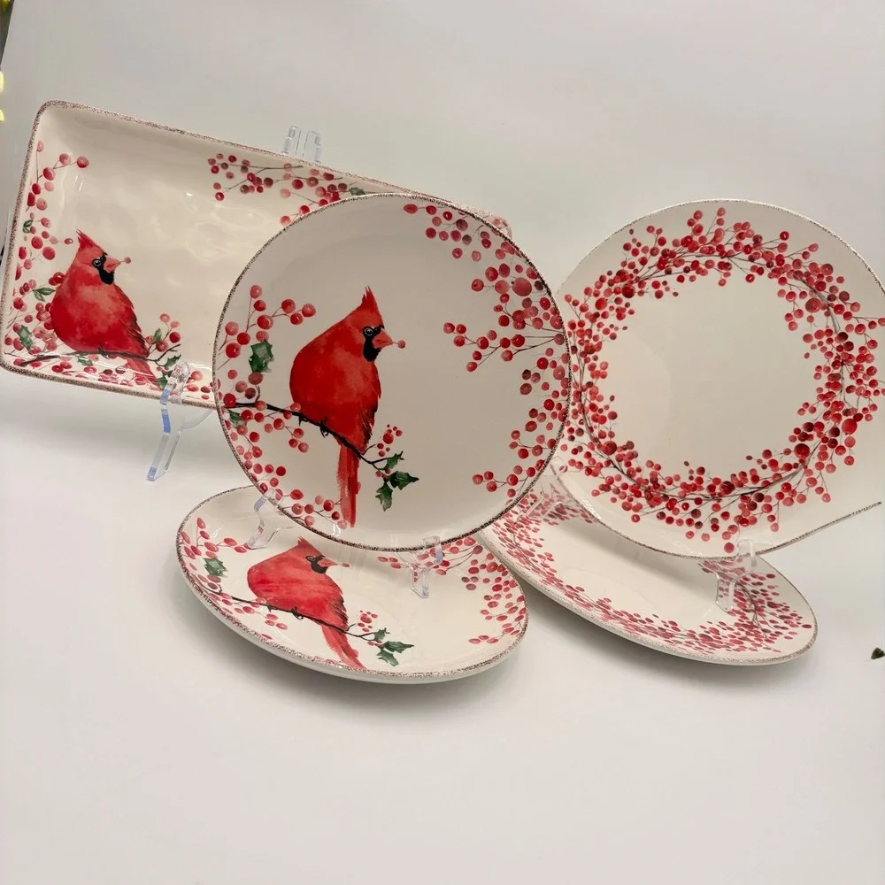Potters Studio Cardinal Berry Holiday Serving Platter Dinner Plates Christmas
